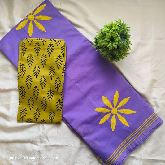 South Cotton Mix Block Printed Saree Violet Colour with Yellow contrast blouse