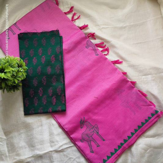 South Cotton Mix Block Printed Saree Pink Colour with Bottle Green colour contrast blouse