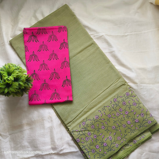 South Cotton Mix Block Printed Saree light green Colour with rose colour contrast blouse