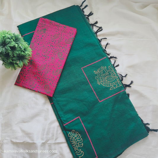 South Cotton Mix Block Printed Saree Green Colour with Rose and Green colour contrast blouse