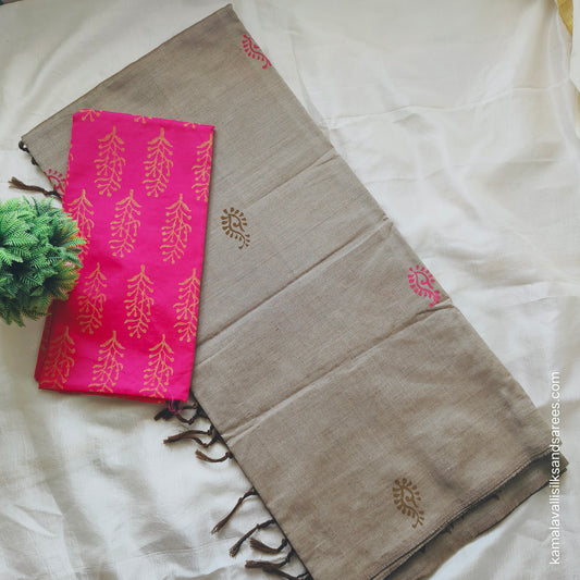 South Cotton Mix Block Printed Saree Oyster Grey colour with Rose colour contrast blouse