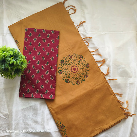 South Cotton Mix Block Printed Saree mild Orange colour with Brown colour contrast blouse