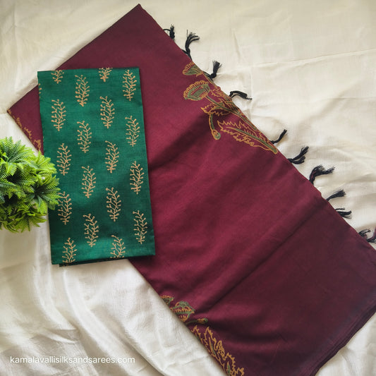 South Cotton Mix Block Printed Saree Brown colour with Green colour contrast blouse