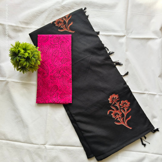 South Cotton Mix Block Printed Saree Black colour with Rose colour contrast blouse