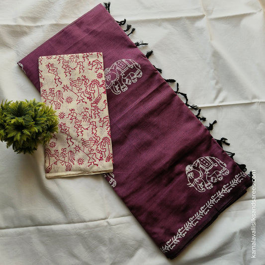 South Cotton Mix Block Printed Saree Onion Red Colour with White and onion red colour contrast blouse