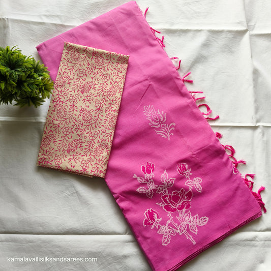 South Cotton Mix Block Printed Saree Pink Colour with White and Pink colour contrast blouse