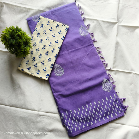 South Cotton Mix Block Printed Saree Lavender Colour with White and Blue contrast blouse