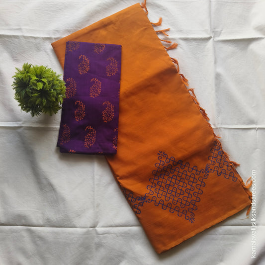 South Cotton Mix Block Printed Saree mild Orange colour with Violet colour contrast blouse