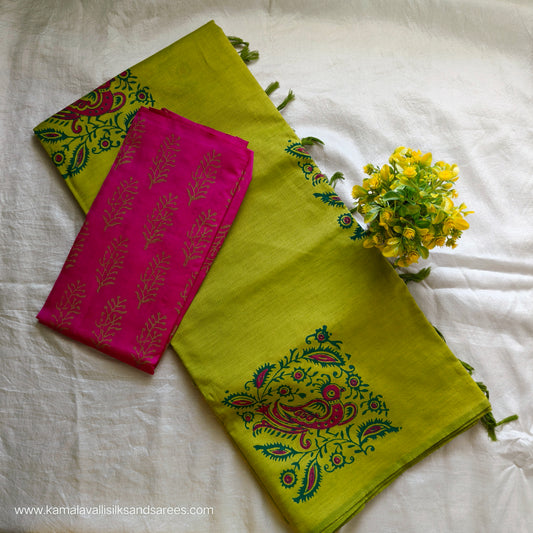 South Cotton Mix Block Printed Saree green colour with Rose Colour blouse