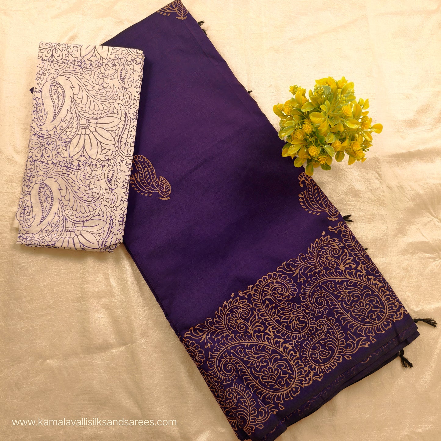 South Cotton Mix Block Printed Saree Violet colour with white colour blouse