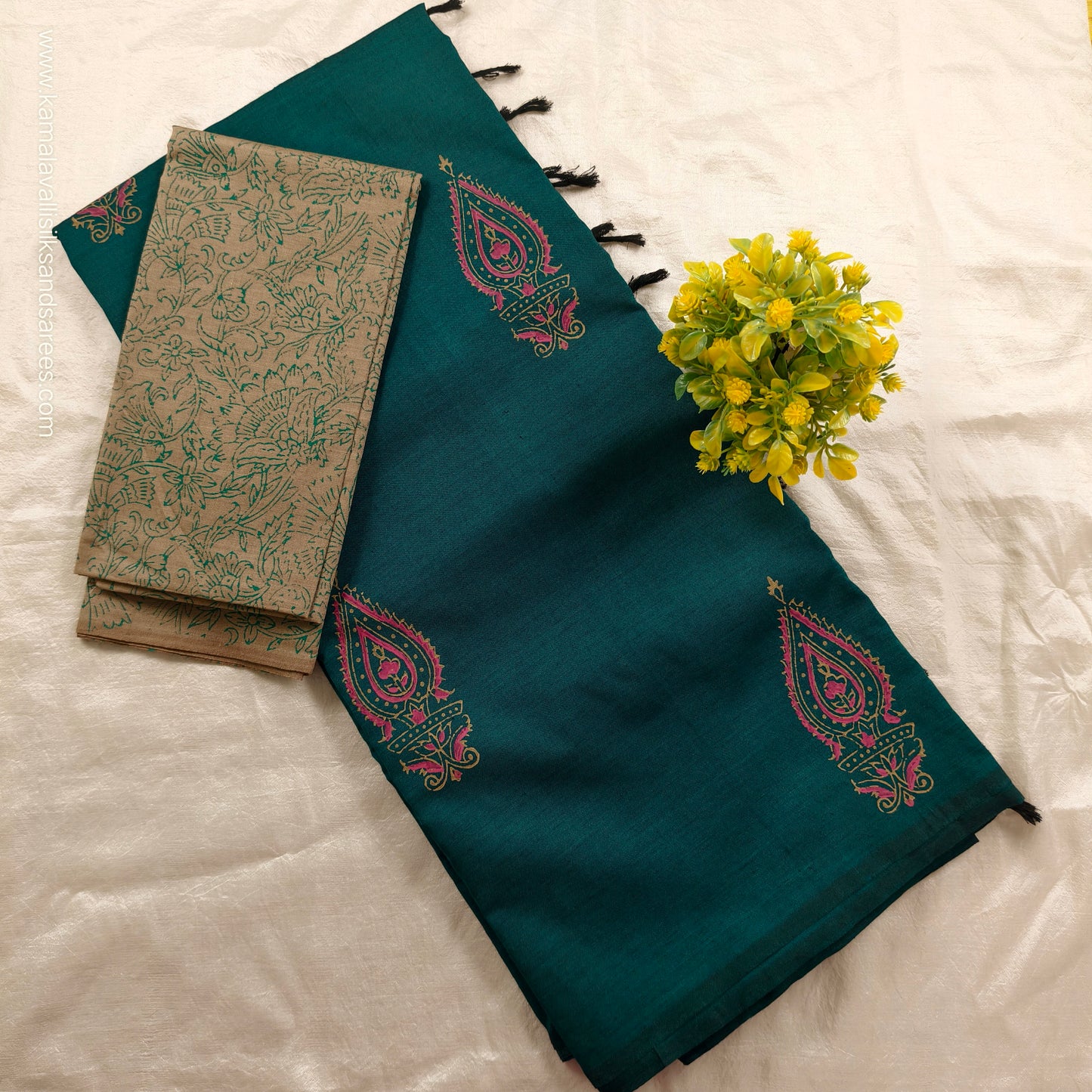 South Cotton Mix Block Printed Saree Peacock Green colour with Contrast colour blouse