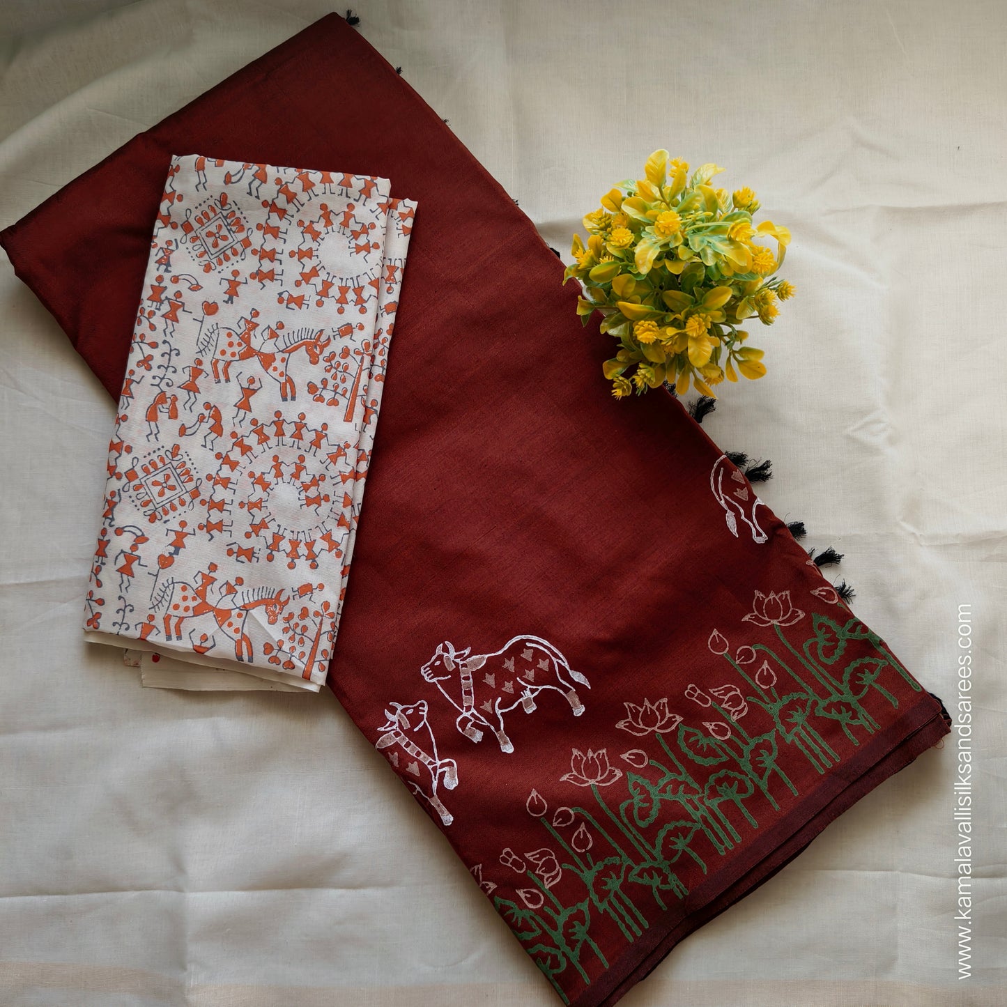 South Cotton Mix Block Printed Saree Maroon colour with White and Orange colour blouse