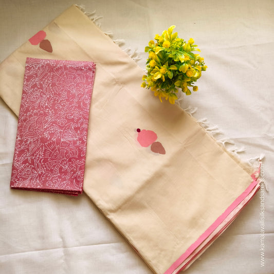 South Cotton Mix Block Printed Saree Floral White colour with midddle Red Purple contrast blouse