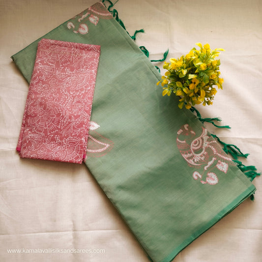 South Cotton Mix Block Printed Saree Pastel Green colour with Pinkish Red colour blouse