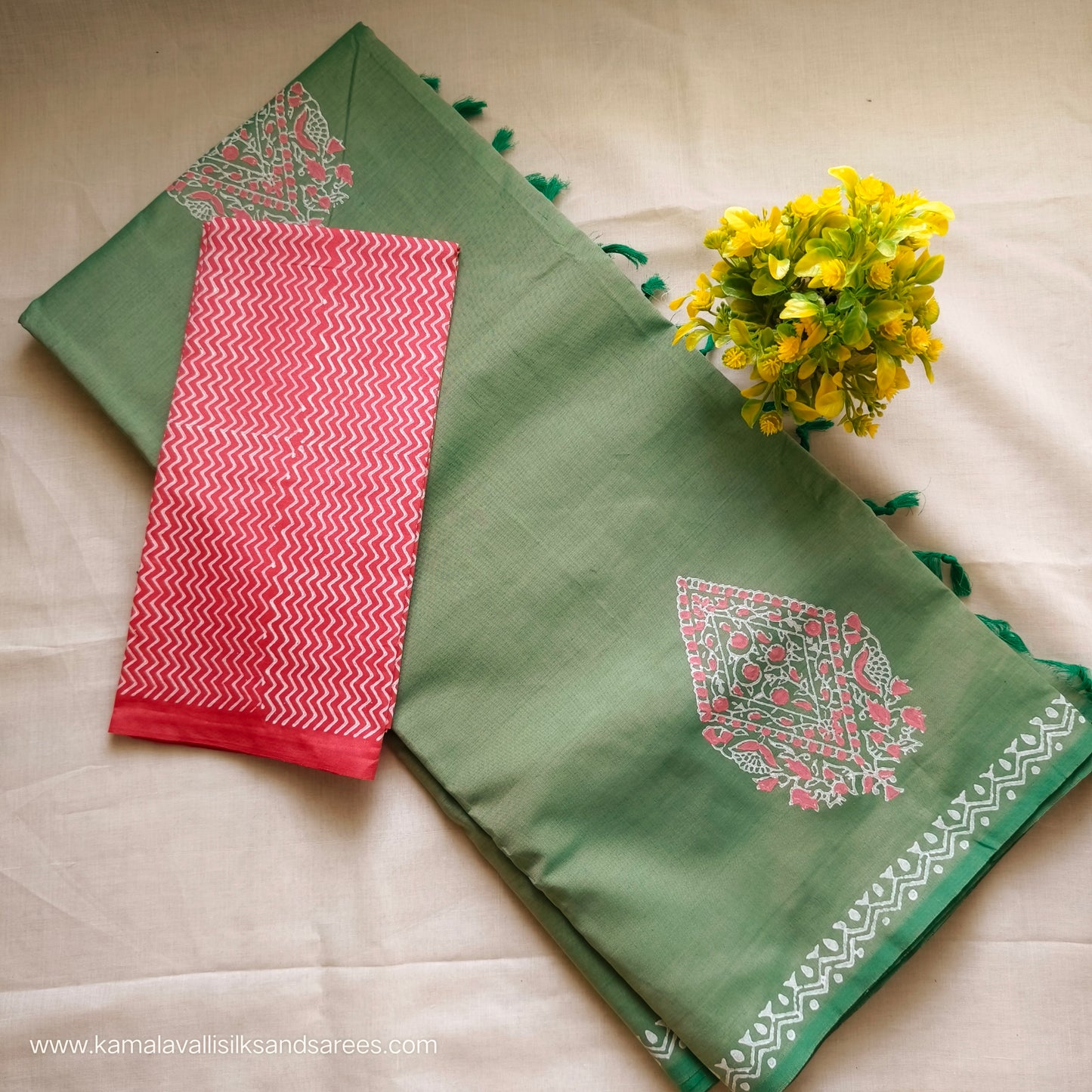 South Cotton Mix Block Printed Saree Pastel Green colour with Pinkish Red colour blouse