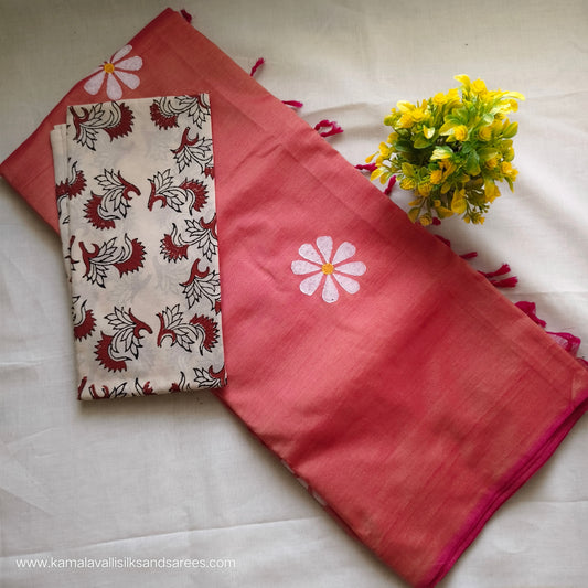 South Cotton Mix Block Printed Saree Orange colour with white colour contrast blouse