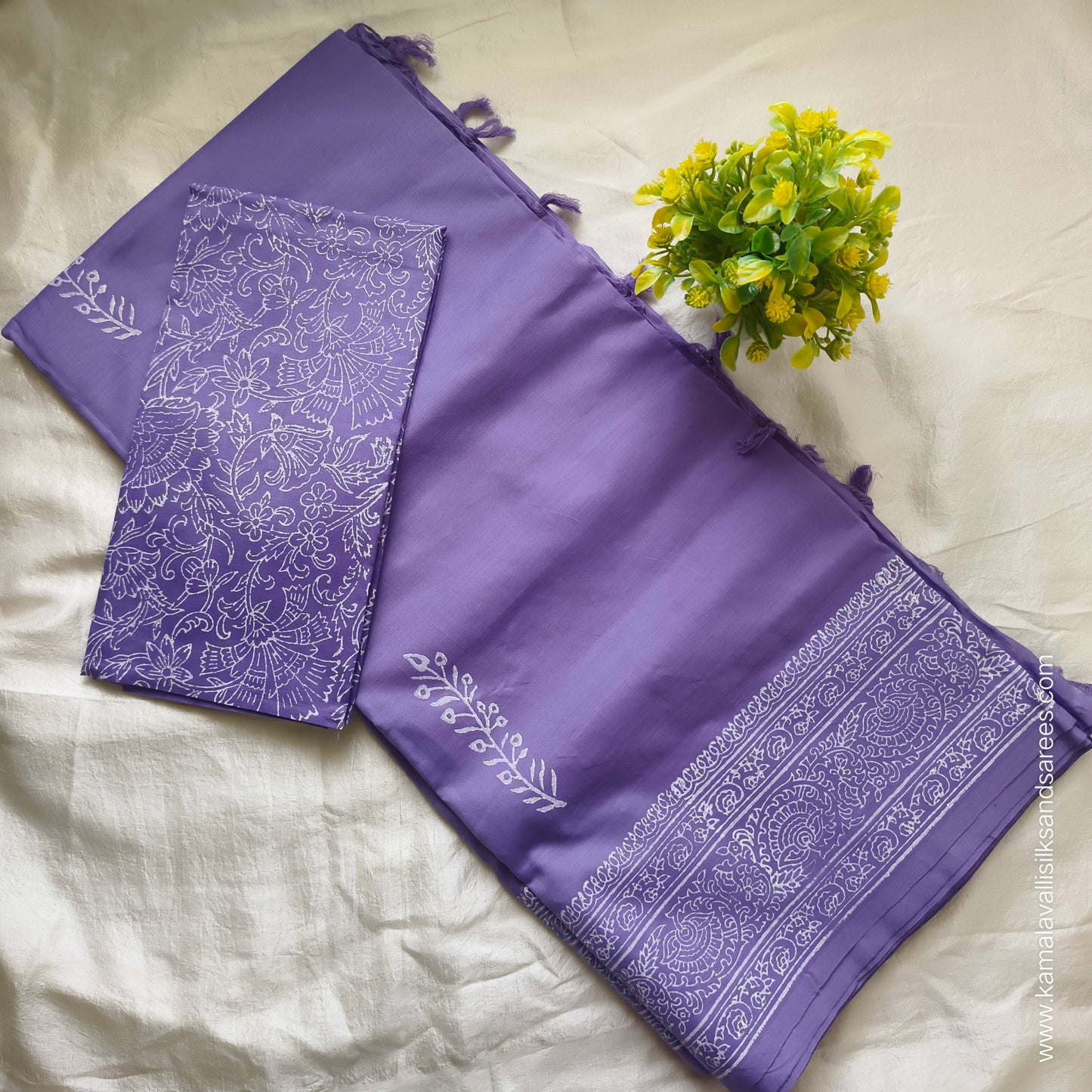 South Cotton Mix Block Printed Saree Purple colour with Purple Colour Contrast blouse