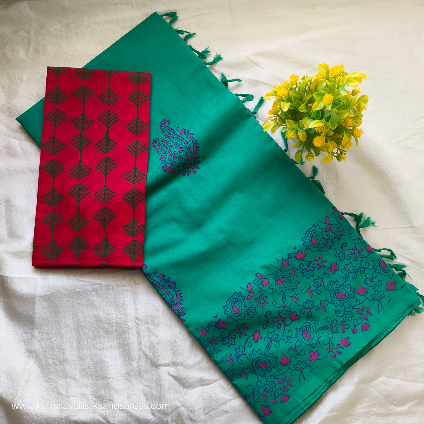 South Cotton Mix Block Printed Saree Copper Sulphate Green colour with Red Colour Contrast blouse