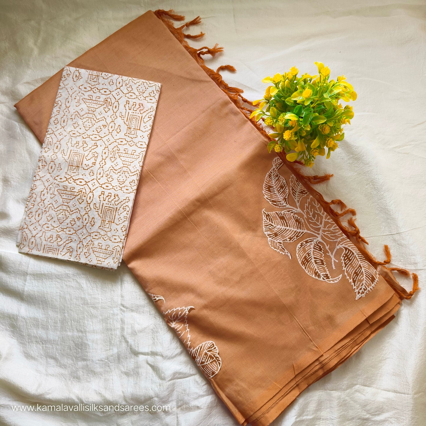 South Cotton Mix Block Printed Saree Pastel Orange colour with White Colour Contrast blouse