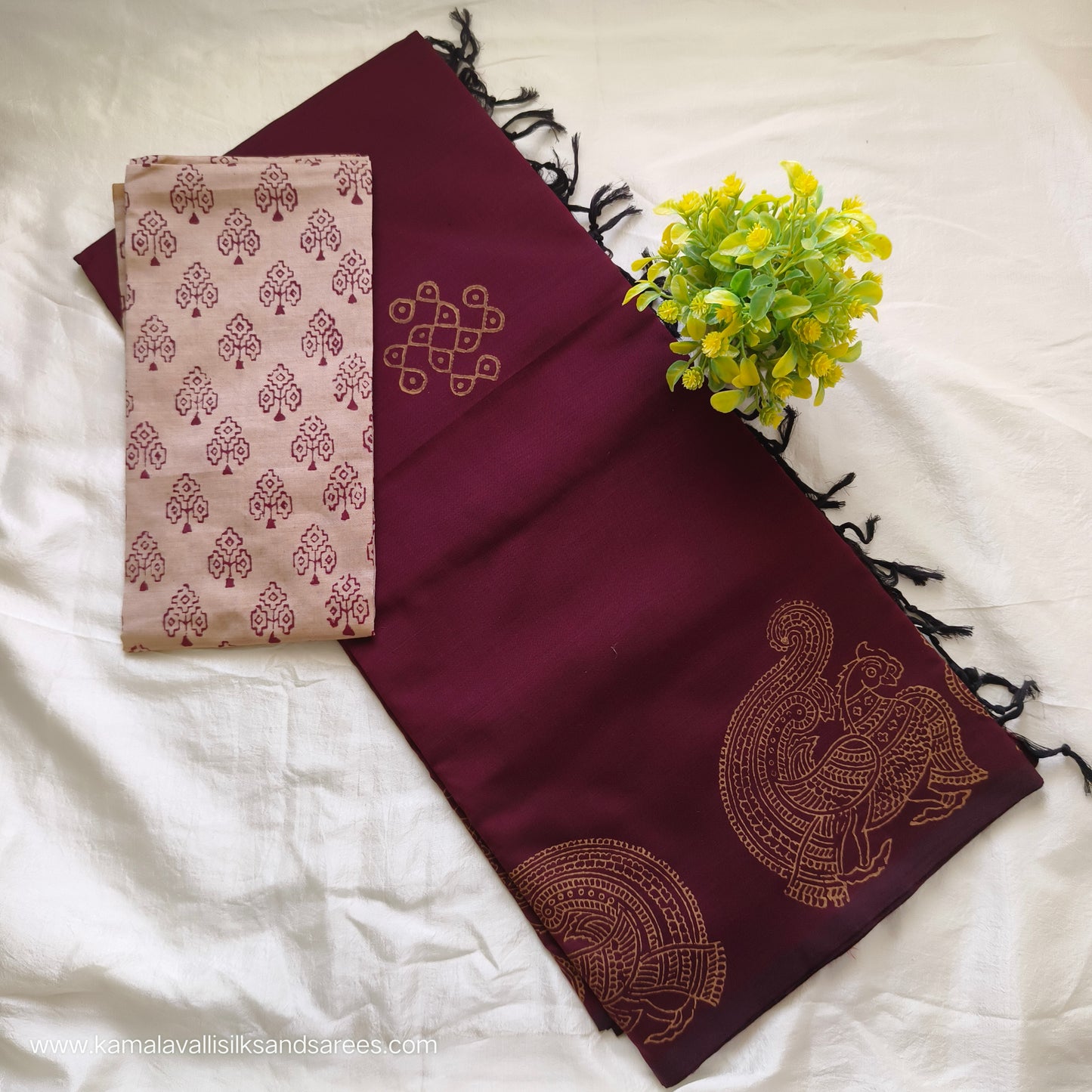 South Cotton Mix Block Printed Saree Brown colour with sandal colour blouse