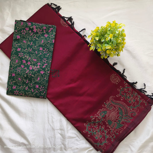 South Cotton Mix Block Printed Saree Maroon colour with Green colour blouse