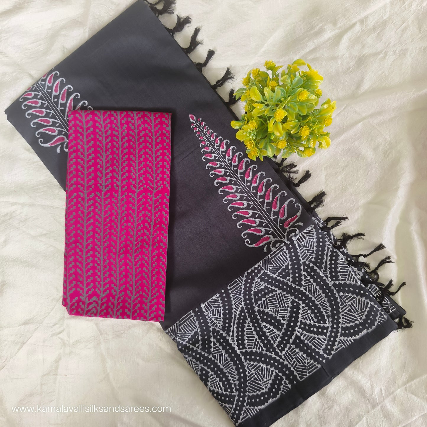 South Cotton Mix Block Printed Saree Grey colour with Rose color contrast blouse