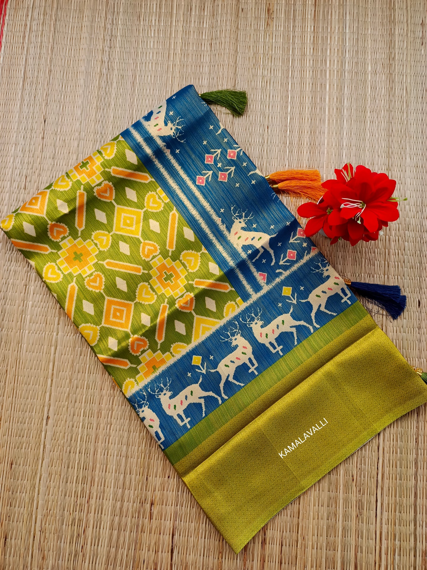 Linen Silk Saree Green and Blue Colour with patterns and Deer print