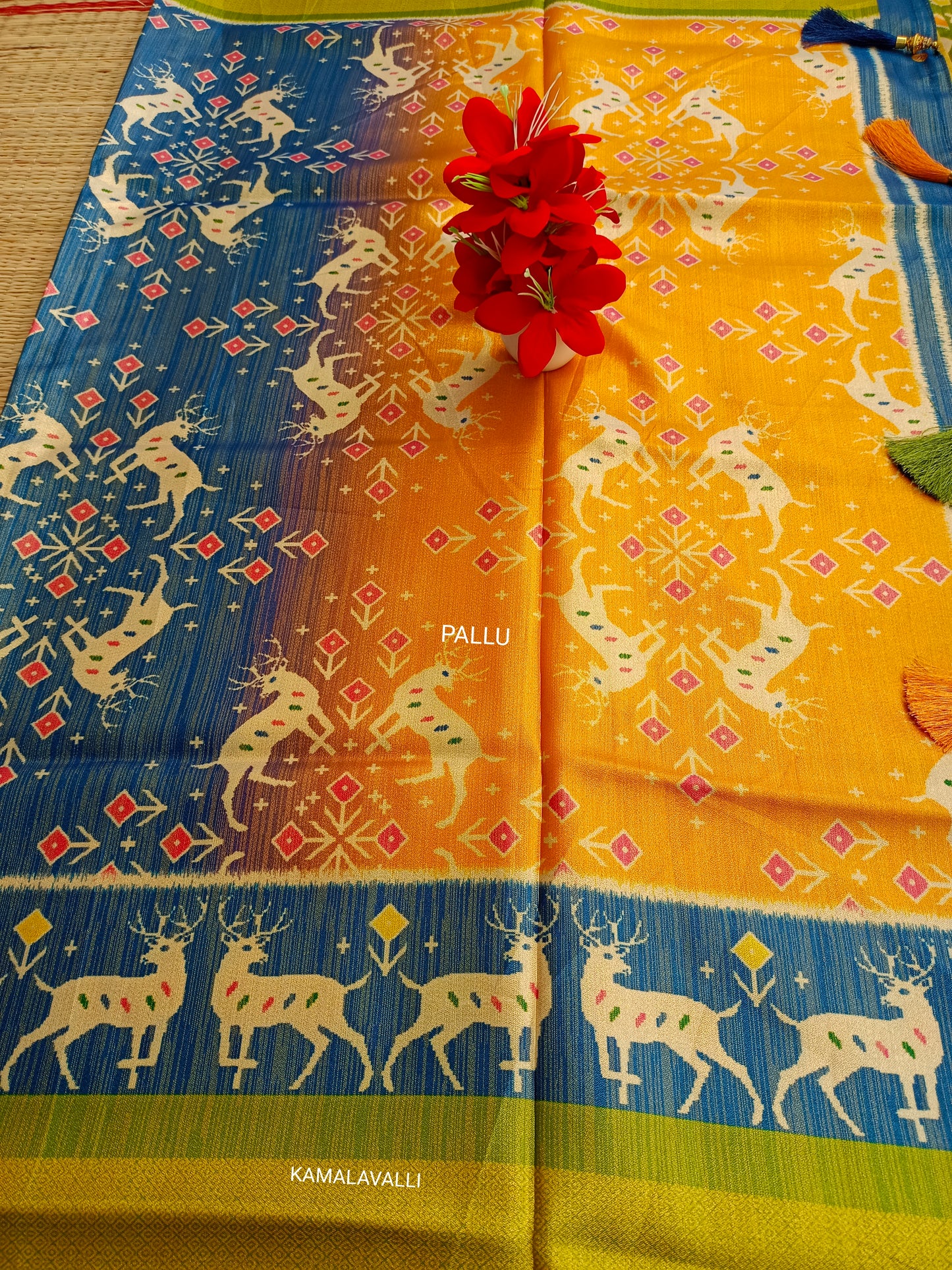 Linen Silk Saree Green and Blue Colour with patterns and Deer print