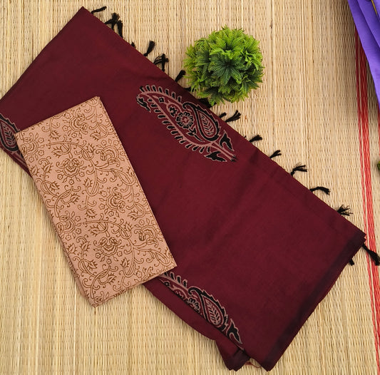 South Cotton Mix Block Printed Saree Brown Colour with Cream colour contrast blouse