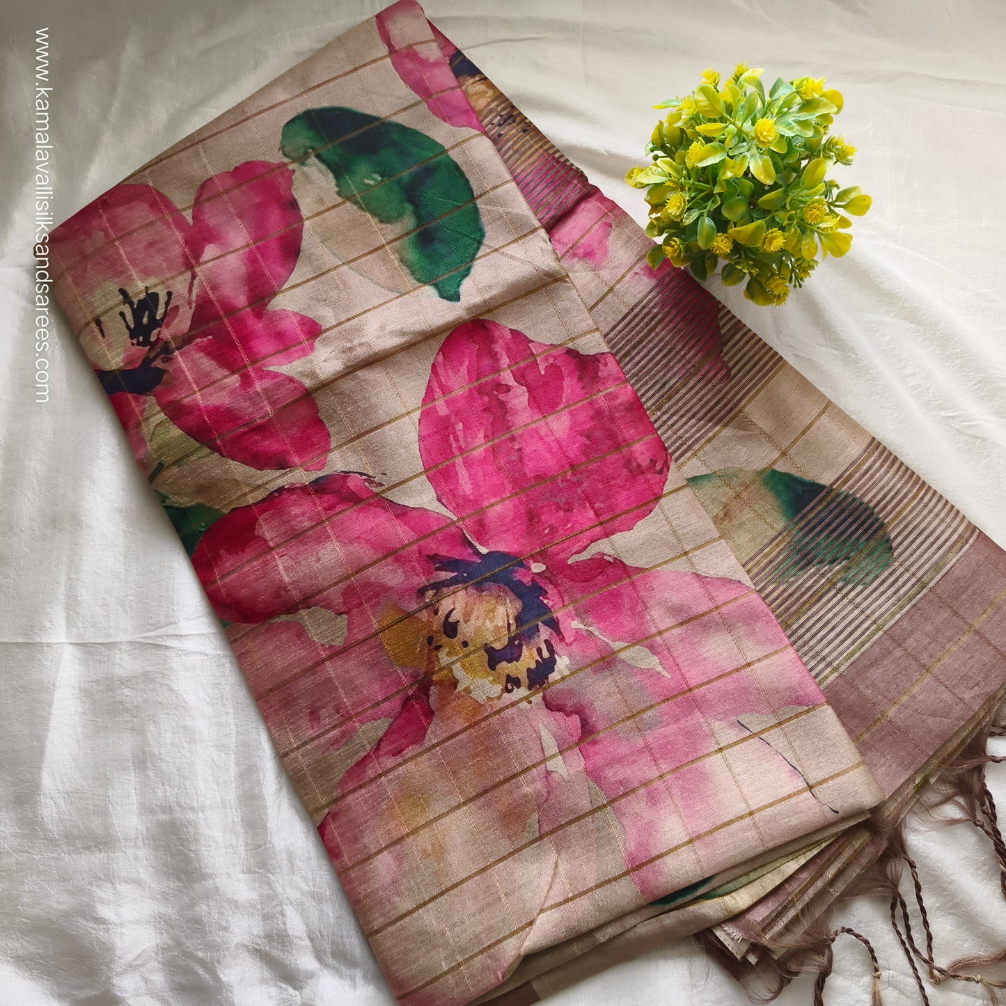 Semi Tussar Saree Cream Colour with Rose colour flowers