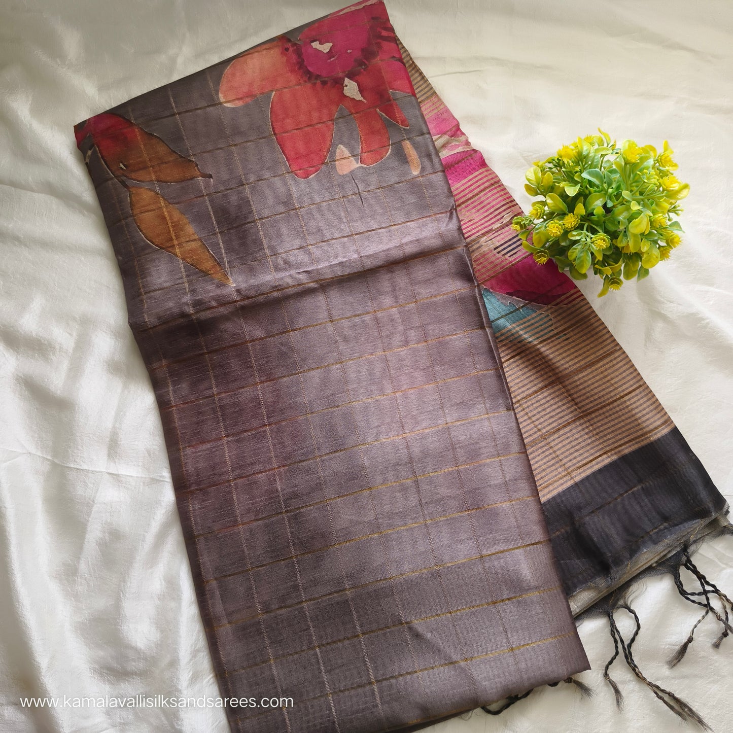 Semi Tussar Saree Grey Colour