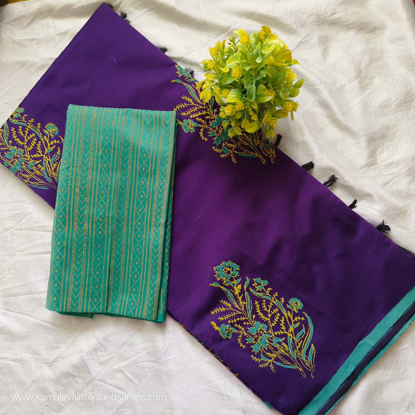 South Cotton Mix Block Printed Saree Violet colour with Contrast blouse