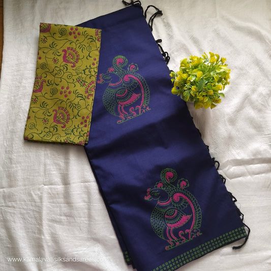 South Cotton Mix Block Printed Saree Royal Blue colour with green colour blouse