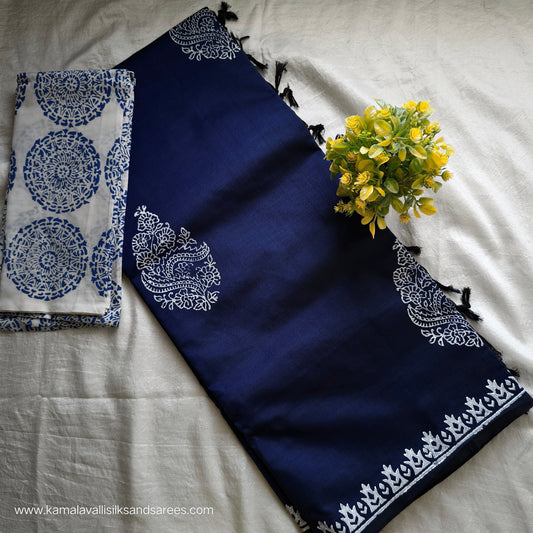 South Cotton Mix Block Printed Saree Blue colour with White and Blue colour blouse