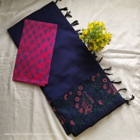 South Cotton Mix Block Printed Saree Royal Blue colour with Rose colour blouse