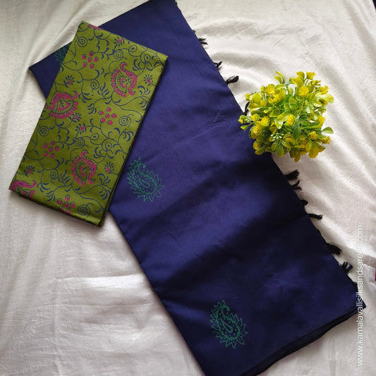 South Cotton Mix Block Printed Saree Royal Blue colour with Green colour blouse