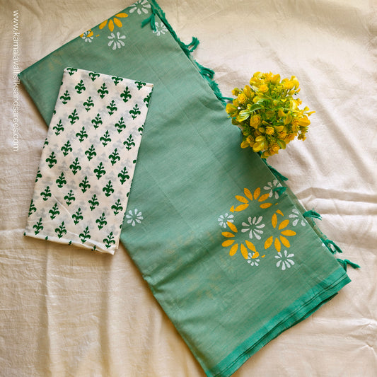 South Cotton Mix Block Printed Saree Pastel Green colour with white and green colour blouse