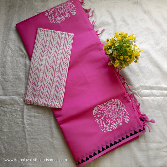 South Cotton Mix Block Printed Saree Pink colour with white and pink colour blouse