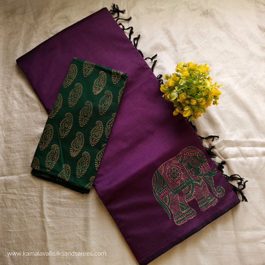 South Cotton Mix Block Printed Saree deep Violet colour with Green colour blouse