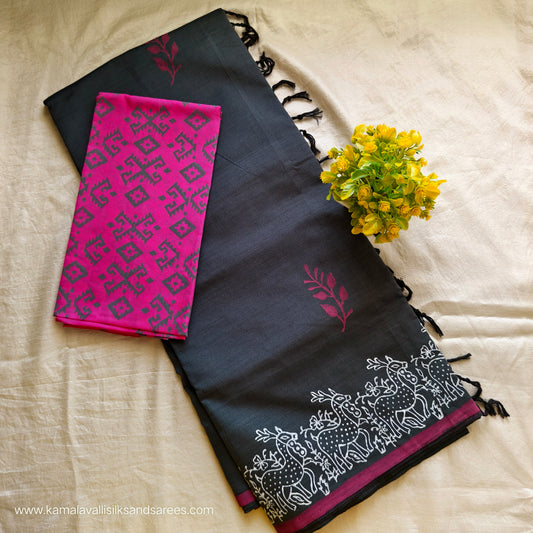 South Cotton Mix Block Printed Saree Charcoal Black colour with Rose colour blouse