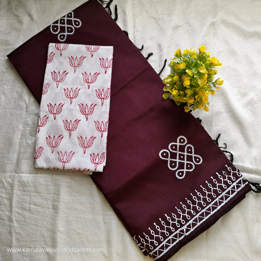 South Cotton Mix Block Printed Saree Maroon colour with White and Maroon colour contrast blouse