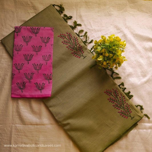 South Cotton Mix Block Printed Saree Pastel Green colour with Pink colour blouse