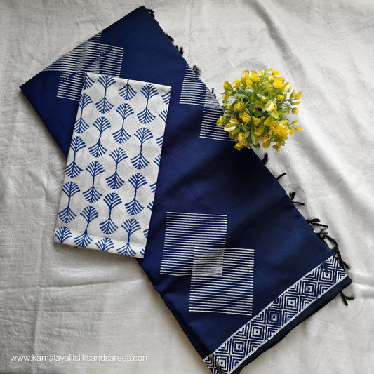 South Cotton Mix Block Printed Saree Blue colour with White and Blue colour blouse