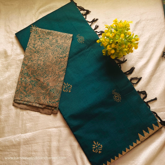 South Cotton Mix Block Printed Saree Ramar Green colour with sandal and green blouse