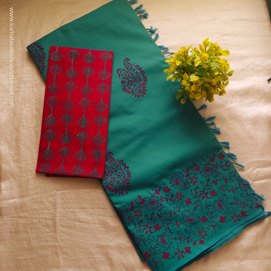 South Cotton Mix Block Printed Saree Copper Sulphate Blue colour with Red colour blouse