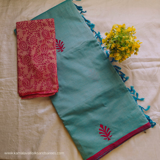 South Cotton Mix Block Printed Saree Copper Sulphate Blue colour with Orange colour contrast blouse