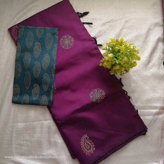 South Cotton Mix Block Printed Saree Violet colour with Ramar Green colour blouse