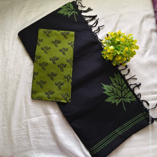 South Cotton Mix Block Printed Saree Black colour with Green colour blouse