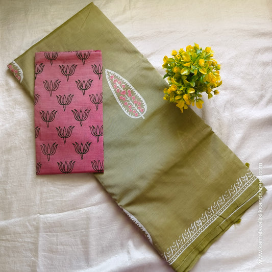 South Cotton Mix Block Printed Saree Pastel Green colour with Pastel Pink colour blouse