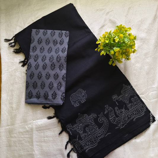 South Cotton Mix Block Printed Saree Black colour with Contrast colour blouse